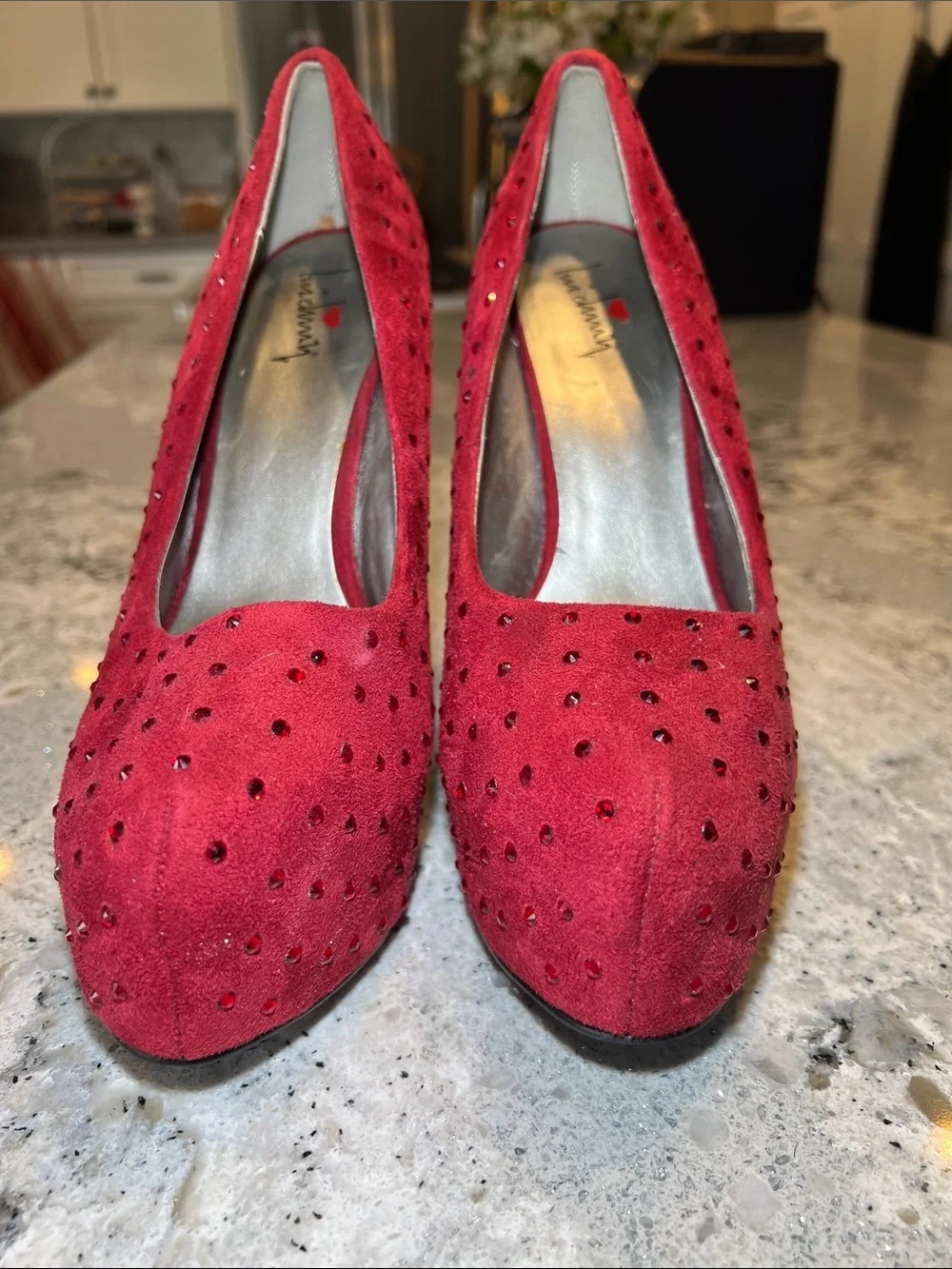 Luichiny Red Suede Rhinestone Studded Platform Stiletto Pumps EUC Size 9